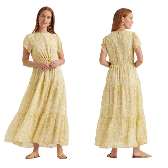 Lucky Brand Dresses & Skirts - Lucky Brand Women Dress Ariel Tiered Maxi Ruffle Yellow Paisley Floral Prairie S